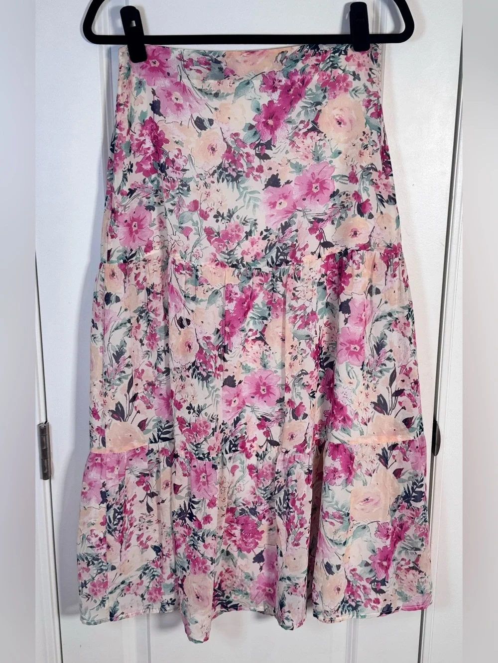 En Saison Fleur Midi Skirt M Free People Pink Floral Tiered Cottagecore Romantic